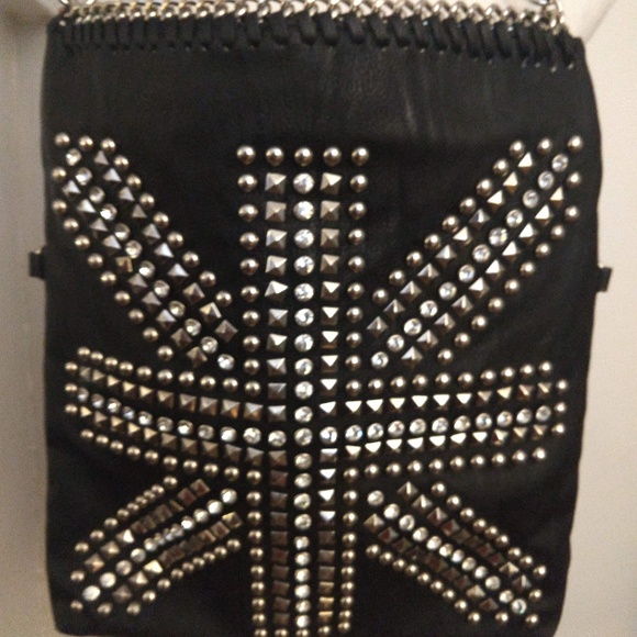 Black Leather Biker Bag w/ chains and rhinestones - Picture 1 of 5